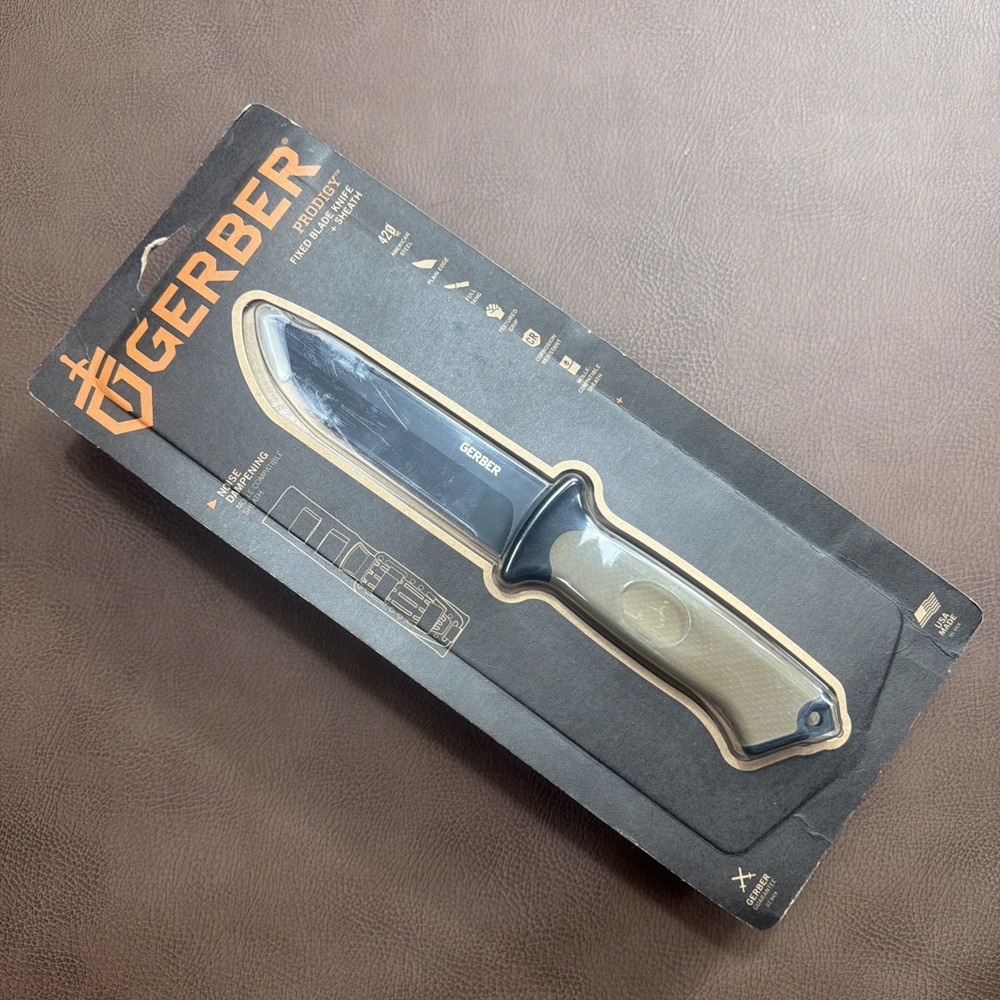 New Gerber Prodigy Fixed Plain Blade Knife, Coyote Brown Tan Grip USA Made